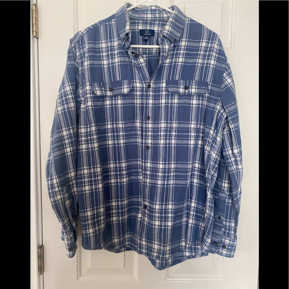 Sale: George medium steel blue/white Mens button soft long sleeve flannel size M
